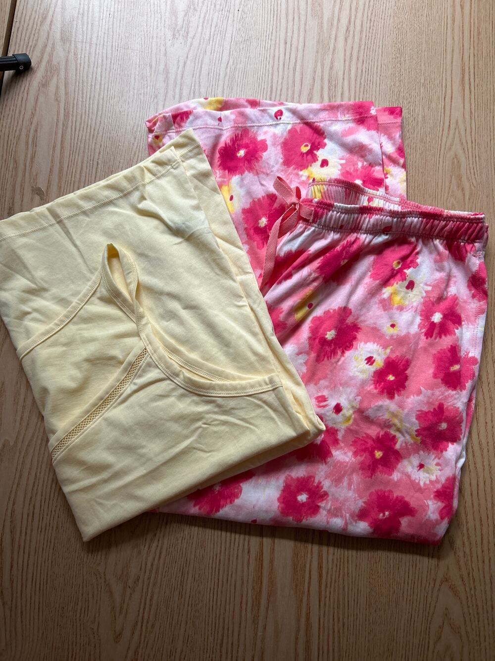 New Womens 2Pc Felina Tank & Capri Pants Cotton Print Pajamas Set Pink yellow XL